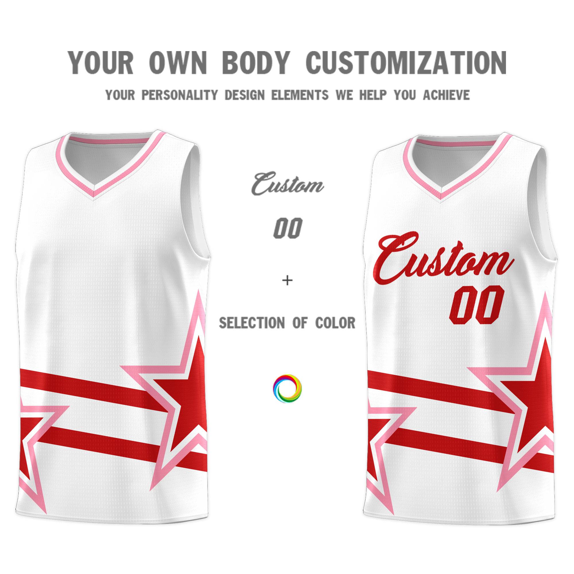Custom White Basketball Kits With Red Star Pattern And Double Lines