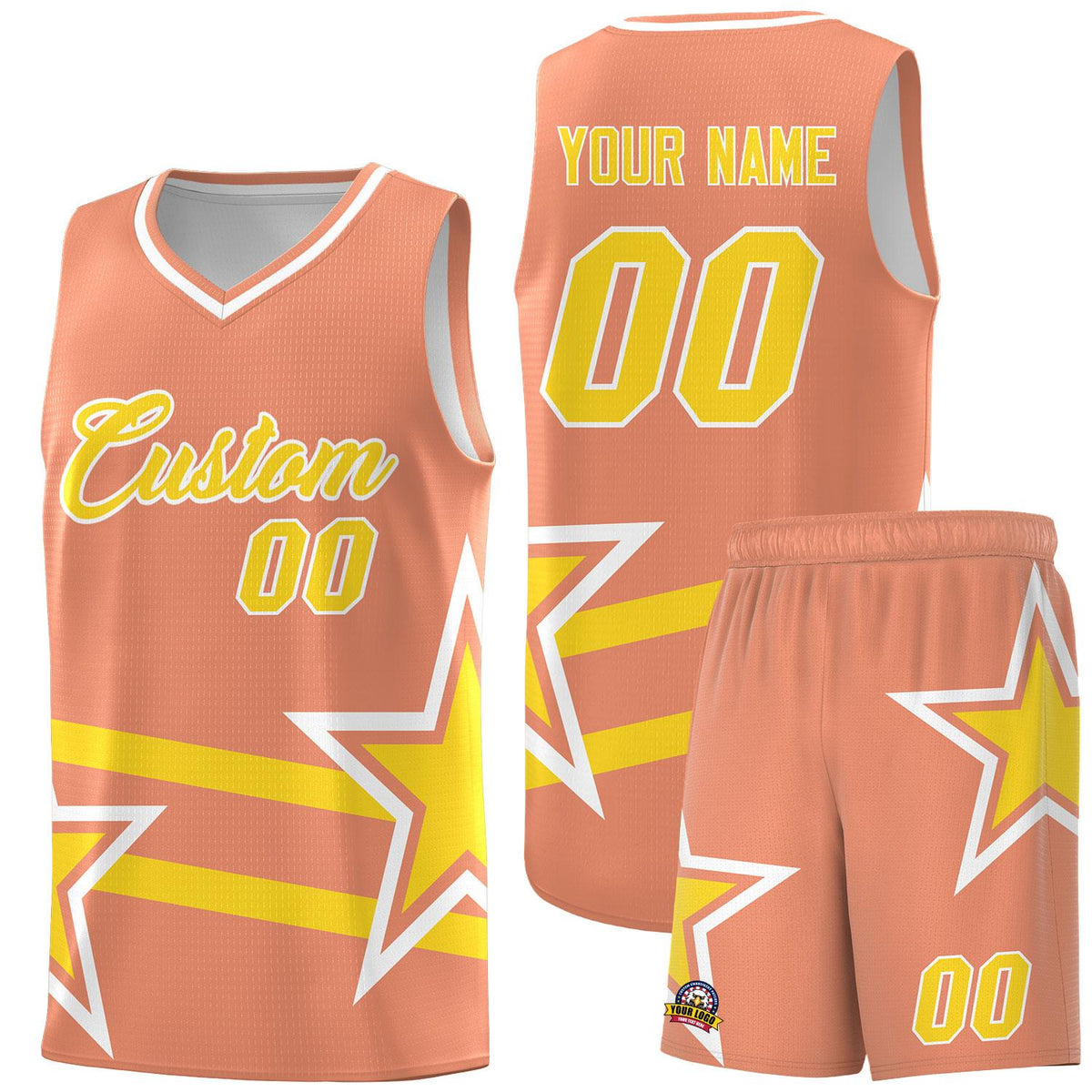 Custom Light Orange Basketball Kits With Gold Star Pattern And Double Lines