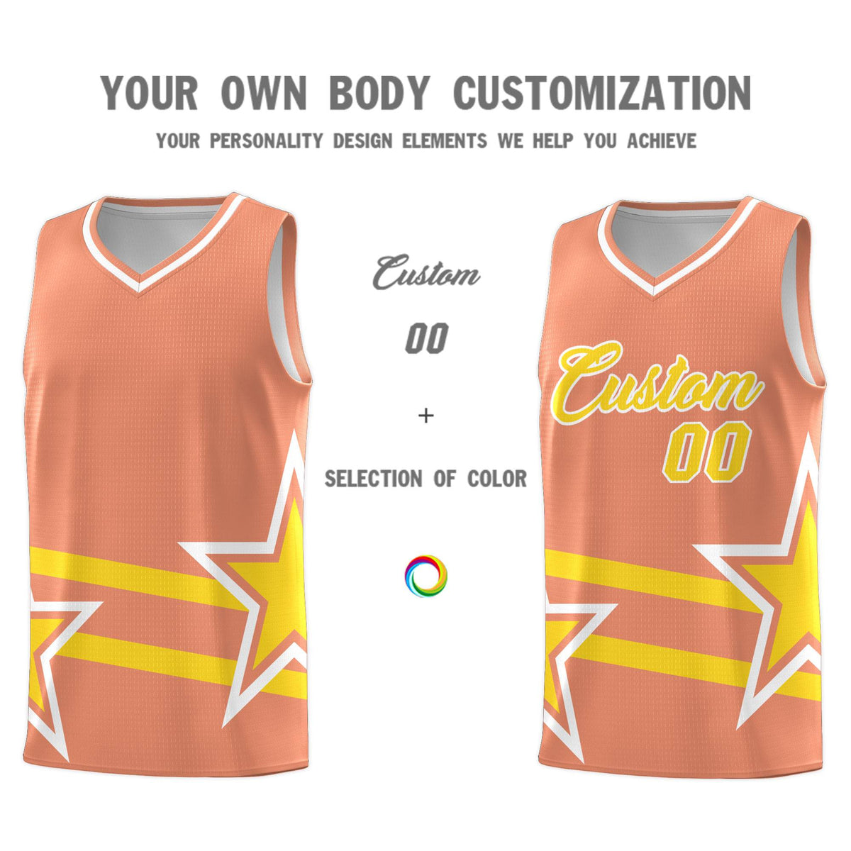 Custom Light Orange Basketball Kits With Gold Star Pattern And Double Lines