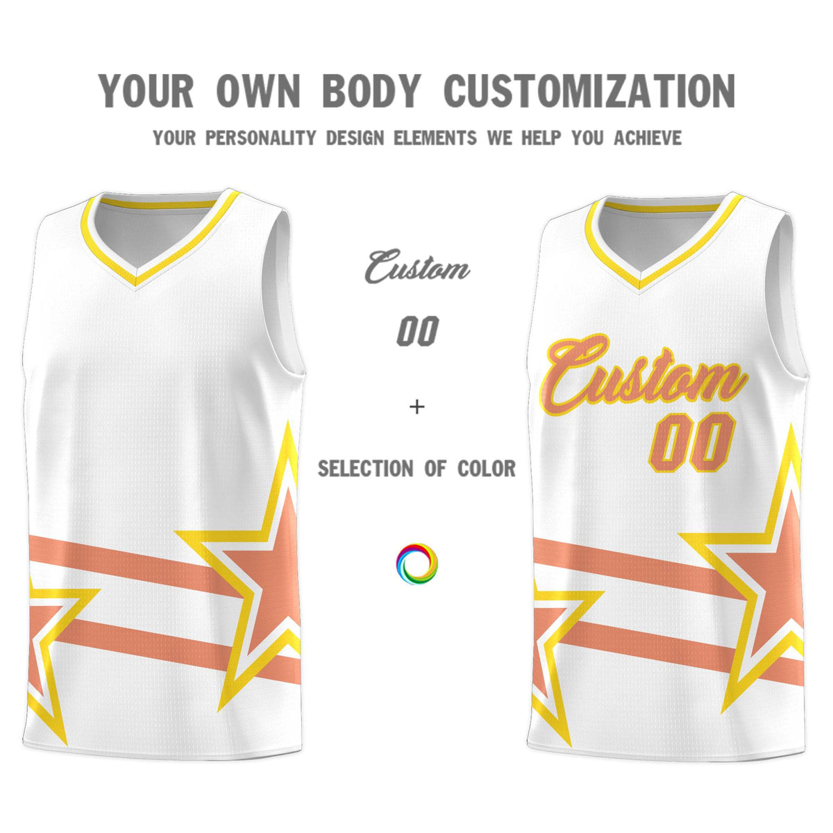 Custom White Basketball Kits With Light Orange Star Pattern And Double Lines