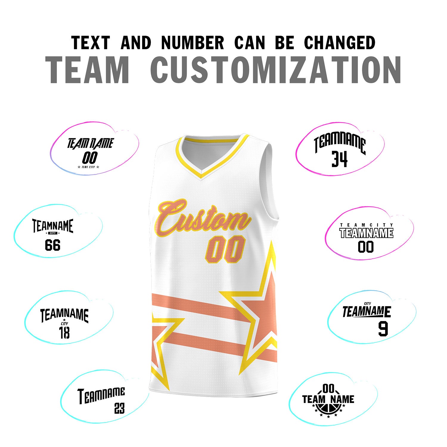 Custom White Basketball Kits With Light Orange Star Pattern And Double Lines