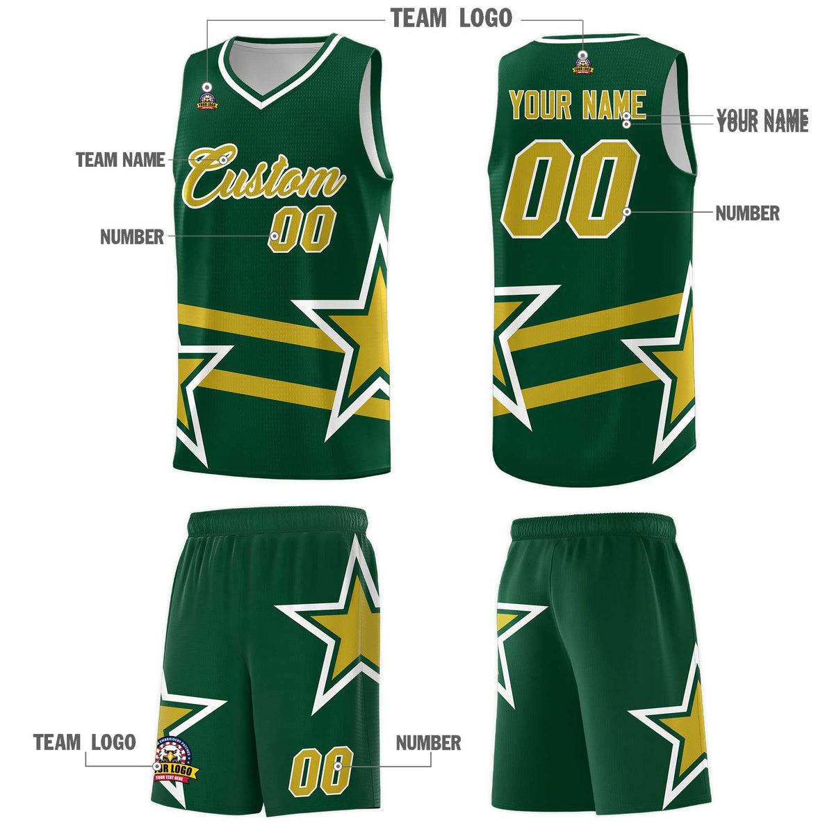 Custom Green Basketball Kits With Old Gold Star Pattern And Double Lines