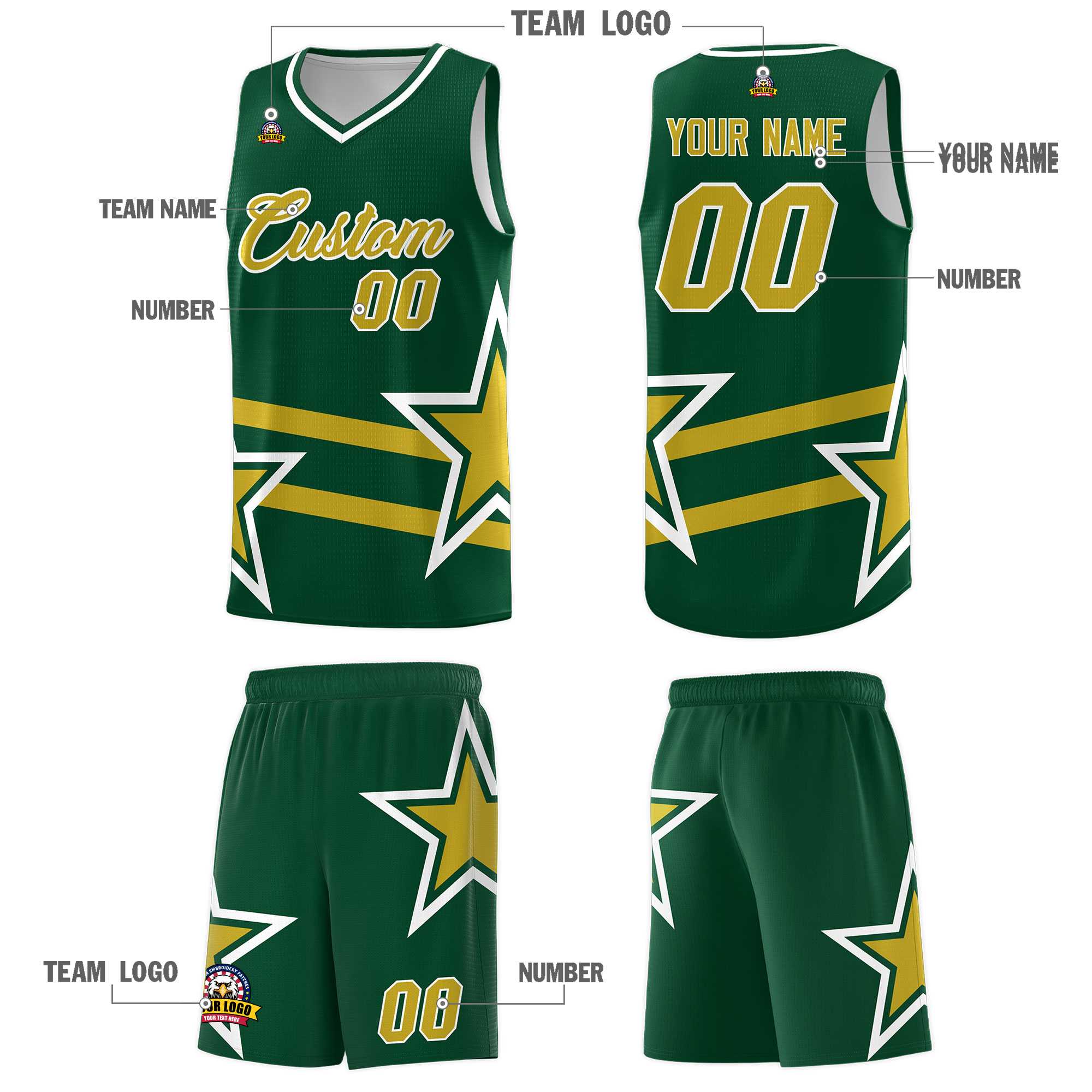 Custom Green Basketball Kits With Old Gold Star Pattern And Double Lines
