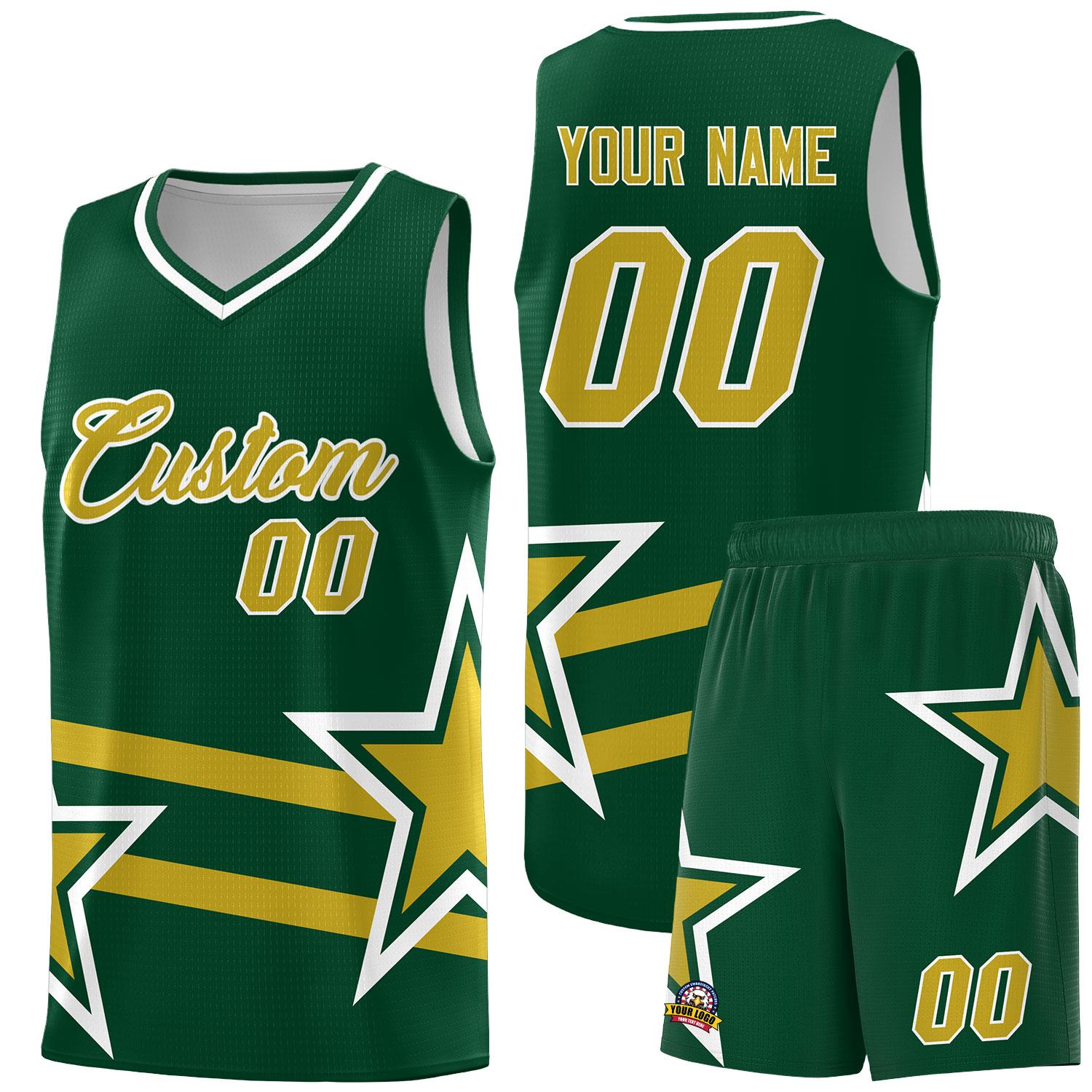 Custom Green Basketball Kits With Old Gold Star Pattern And Double Lines