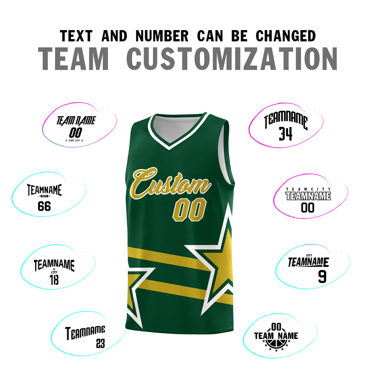 Custom Green Basketball Kits With Old Gold Star Pattern And Double Lines
