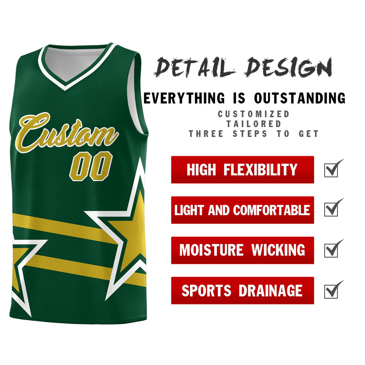 Custom Green Basketball Kits With Old Gold Star Pattern And Double Lines