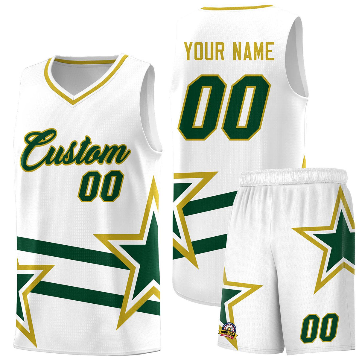 Custom White Basketball Kits With Green Star Pattern And Double Lines