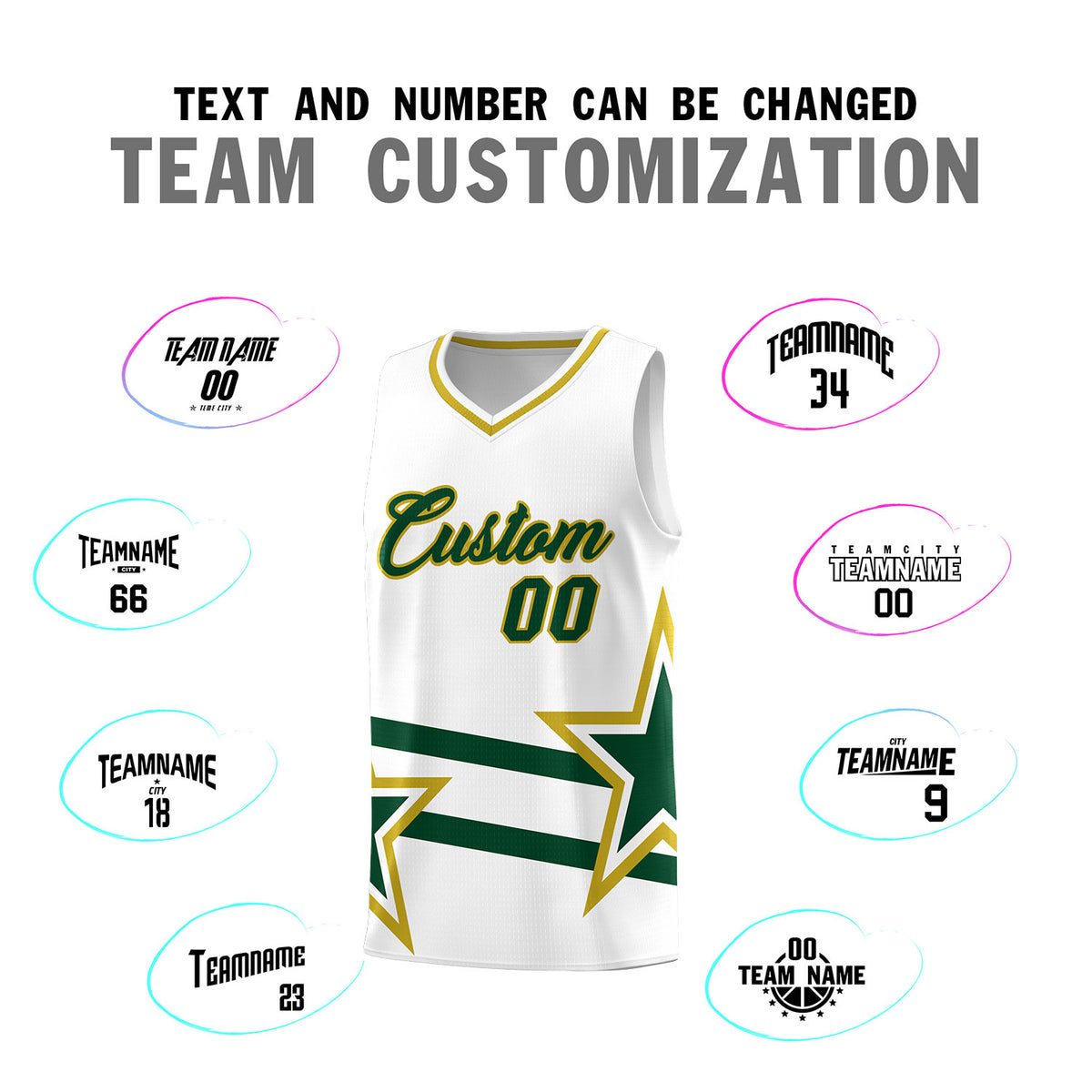 Custom White Basketball Kits With Green Star Pattern And Double Lines