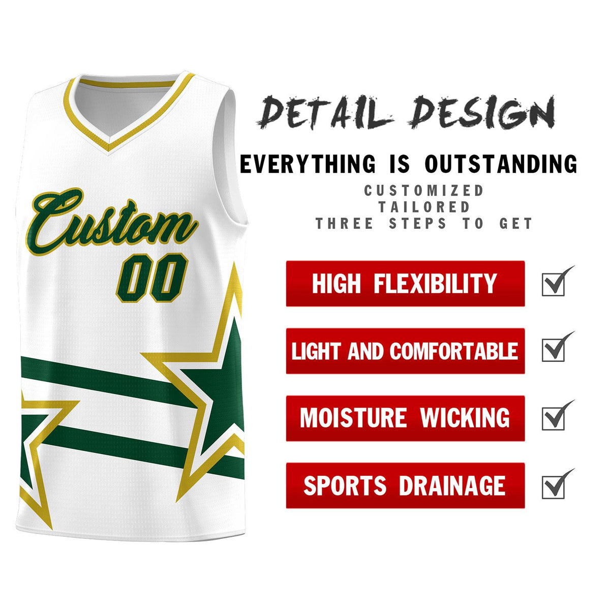 Custom White Basketball Kits With Green Star Pattern And Double Lines