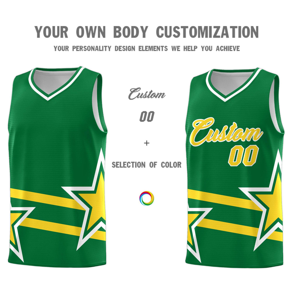 Custom Kelly Green Basketball Kits With Gold Star Pattern And Double Lines