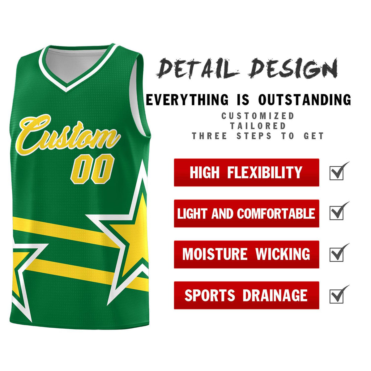 Custom Kelly Green Basketball Kits With Gold Star Pattern And Double Lines
