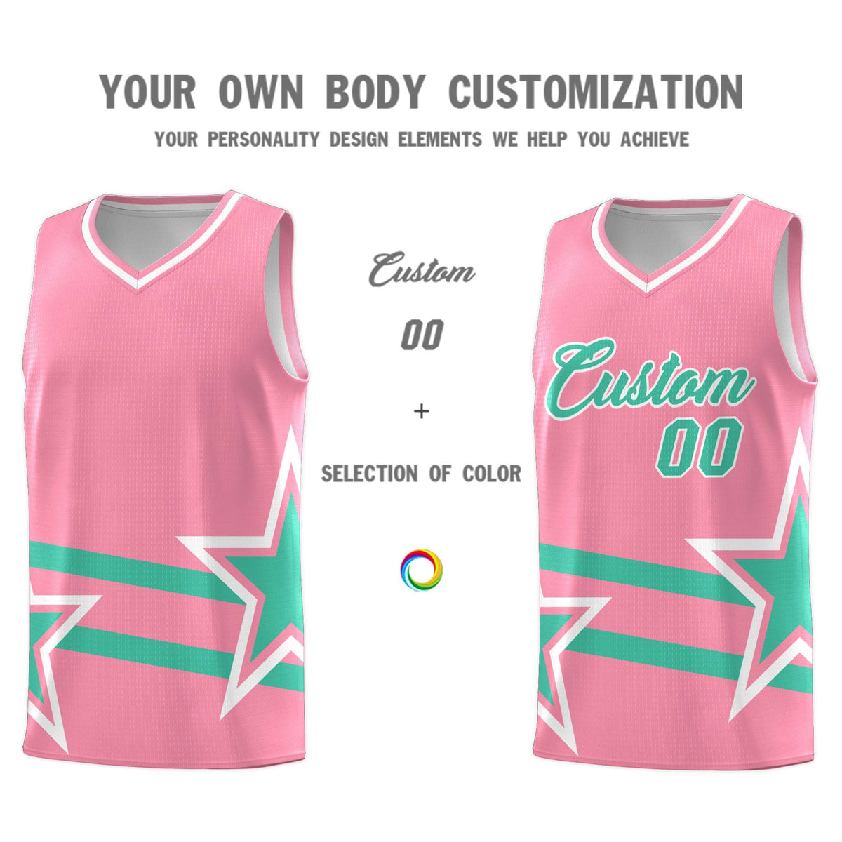 Custom Light Pink Basketball Kits With Bright Green Star Pattern And Double Lines