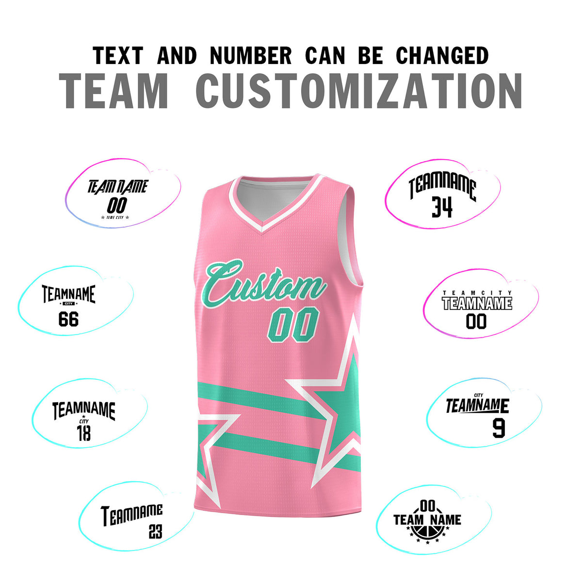 Custom Light Pink Basketball Kits With Bright Green Star Pattern And Double Lines