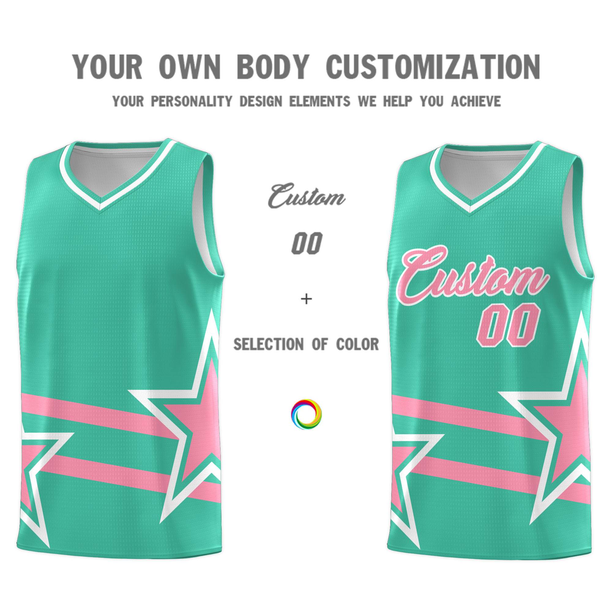 Custom Bright Green Basketball Kits With Light Pink Star Pattern And Double Lines