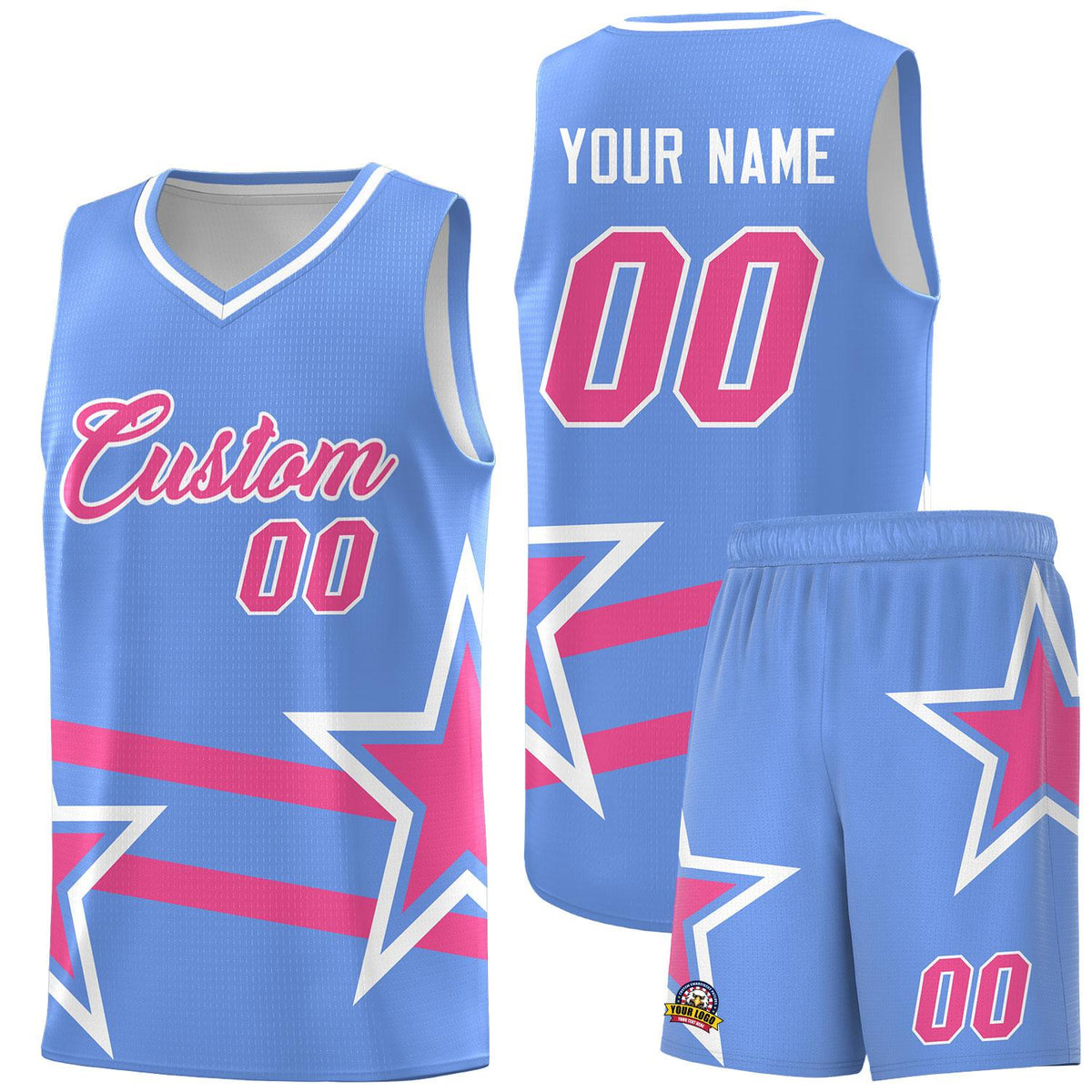 Custom Light Blue Basketball Kits With Pink Star Pattern And Double Lines