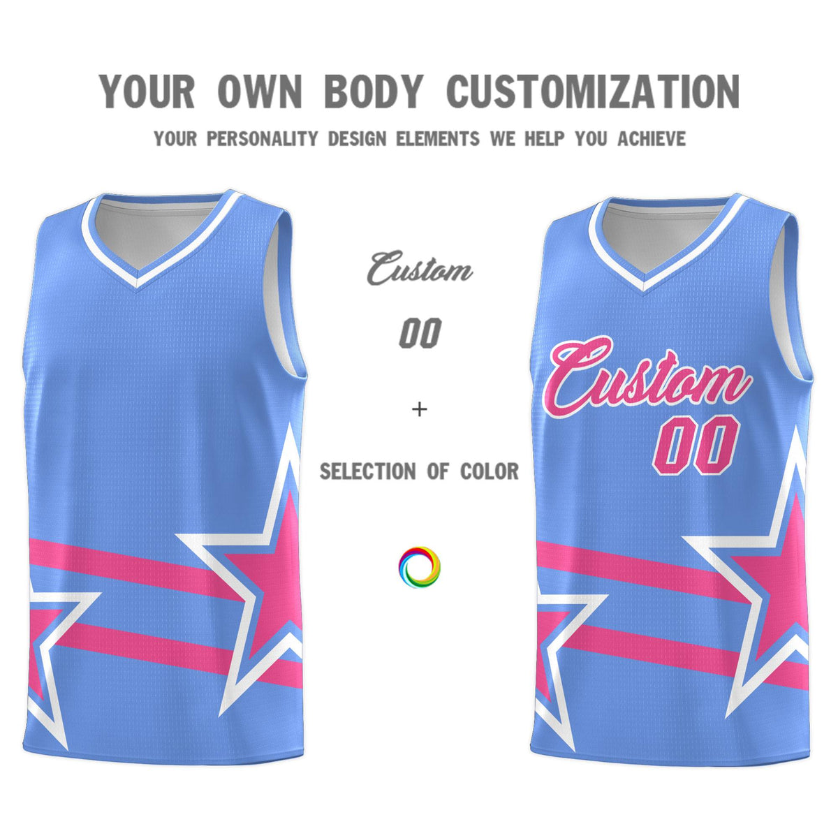Custom Light Blue Basketball Kits With Pink Star Pattern And Double Lines