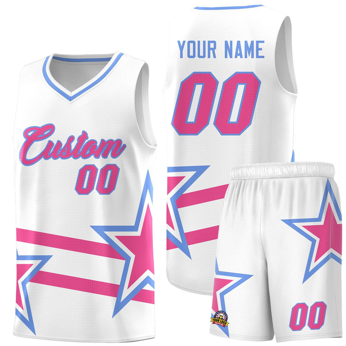 Custom White Basketball Kits With Pink Star Pattern And Double Lines