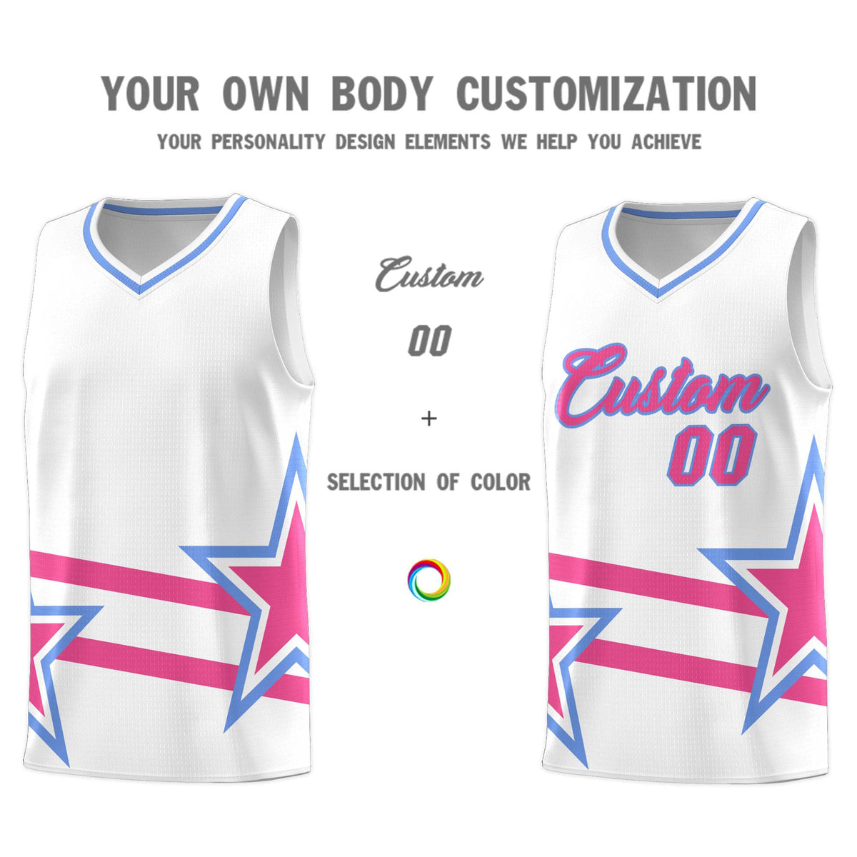 Custom White Basketball Kits With Pink Star Pattern And Double Lines