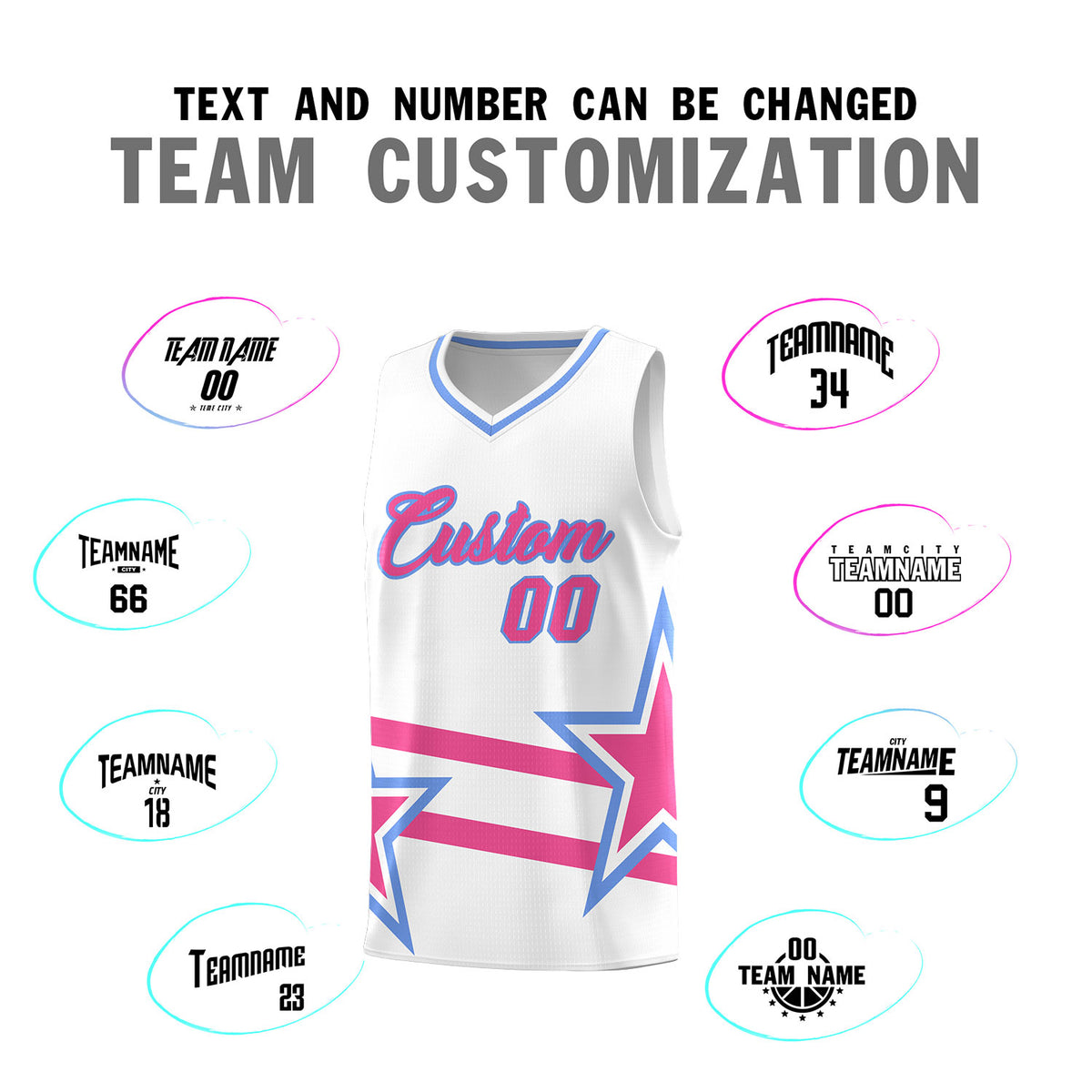 Custom White Basketball Kits With Pink Star Pattern And Double Lines