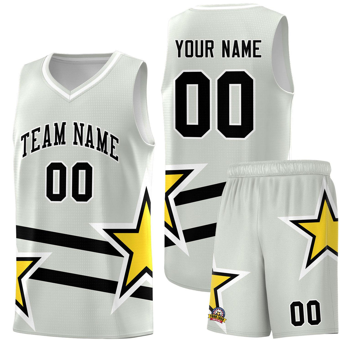 Custom Gray Basketball Kits With Gold Star Pattern And Double Lines