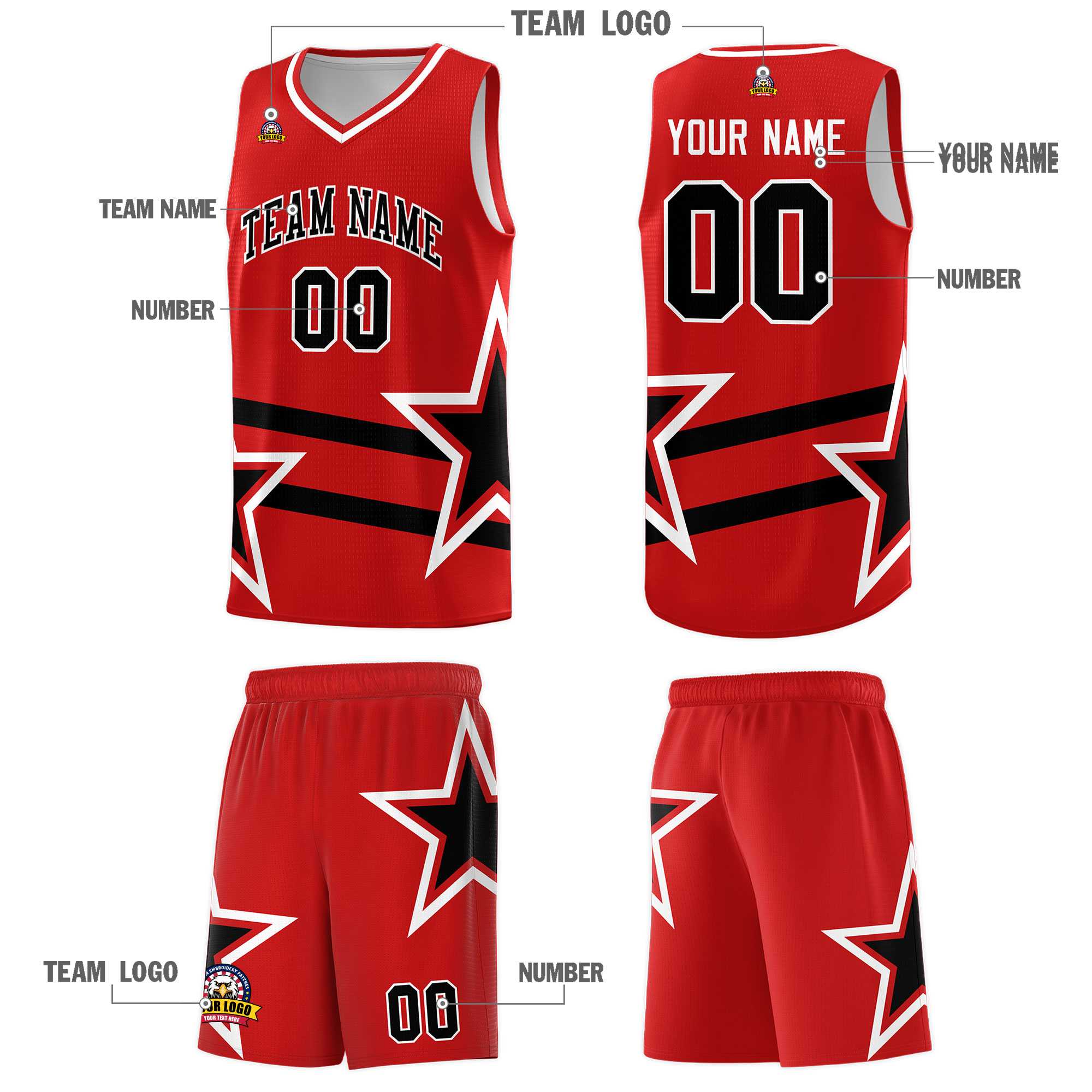Custom Red Basketball Kits With Black Star Pattern And Double Lines