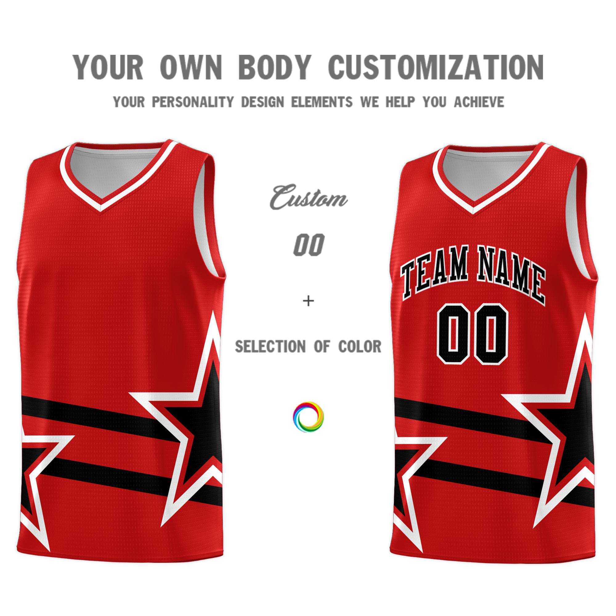 Custom Red Basketball Kits With Black Star Pattern And Double Lines