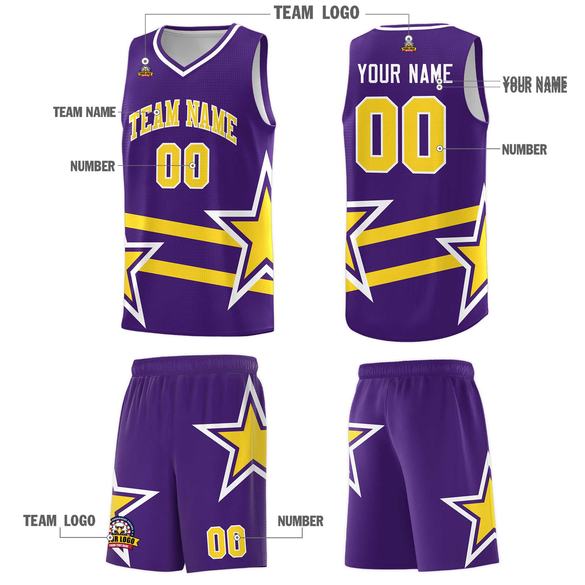 Custom Purple Basketball Kits With Gold Star Pattern And Double Lines