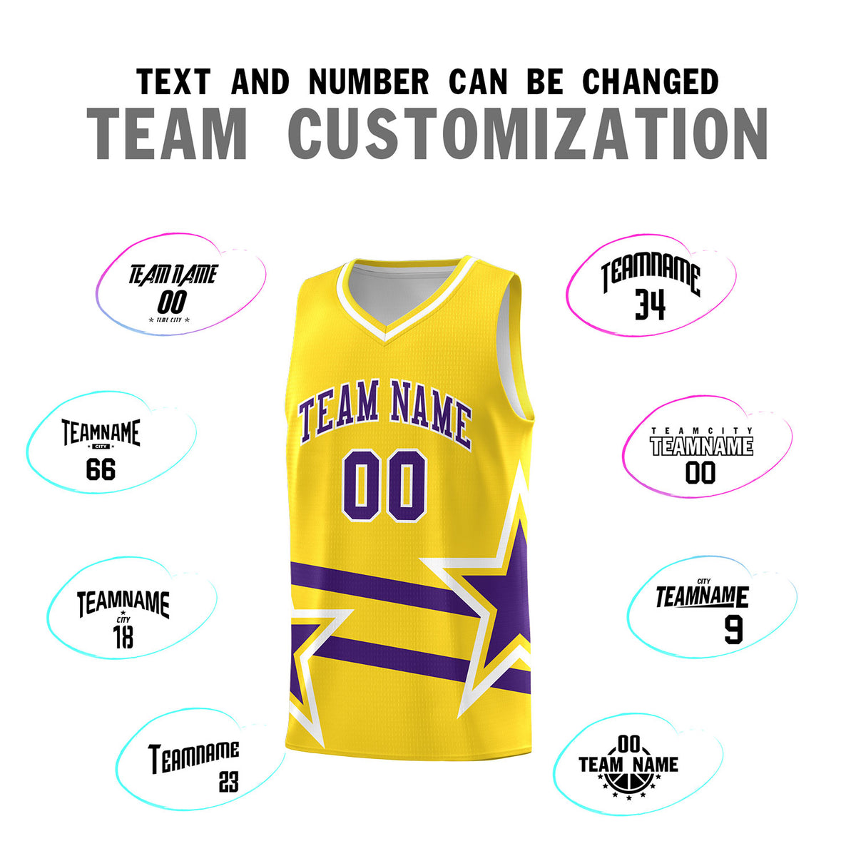 Custom Gold Basketball Kits With Purple Star Pattern And Double Lines