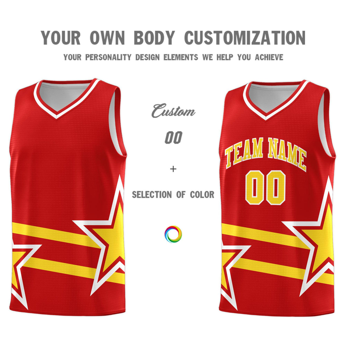 Custom Red Basketball Kits With Gold Star Pattern And Double Lines