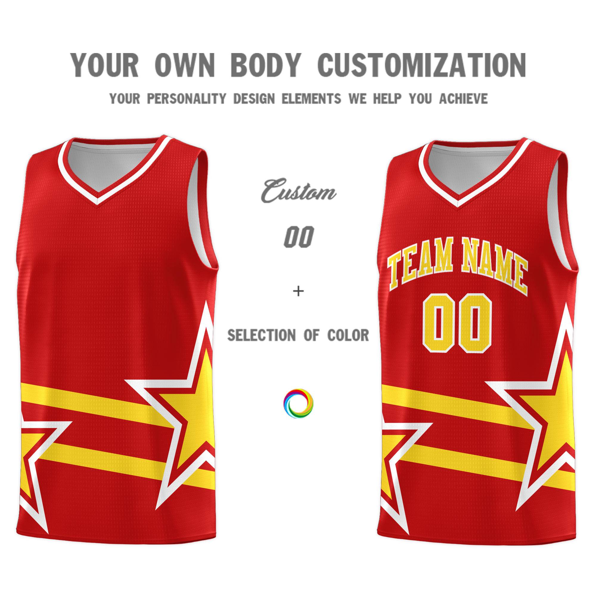 Custom Red Basketball Kits With Gold Star Pattern And Double Lines