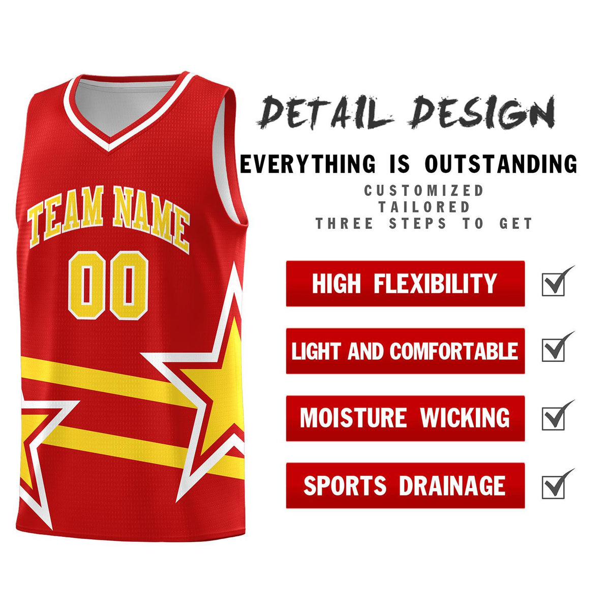 Custom Red Basketball Kits With Gold Star Pattern And Double Lines
