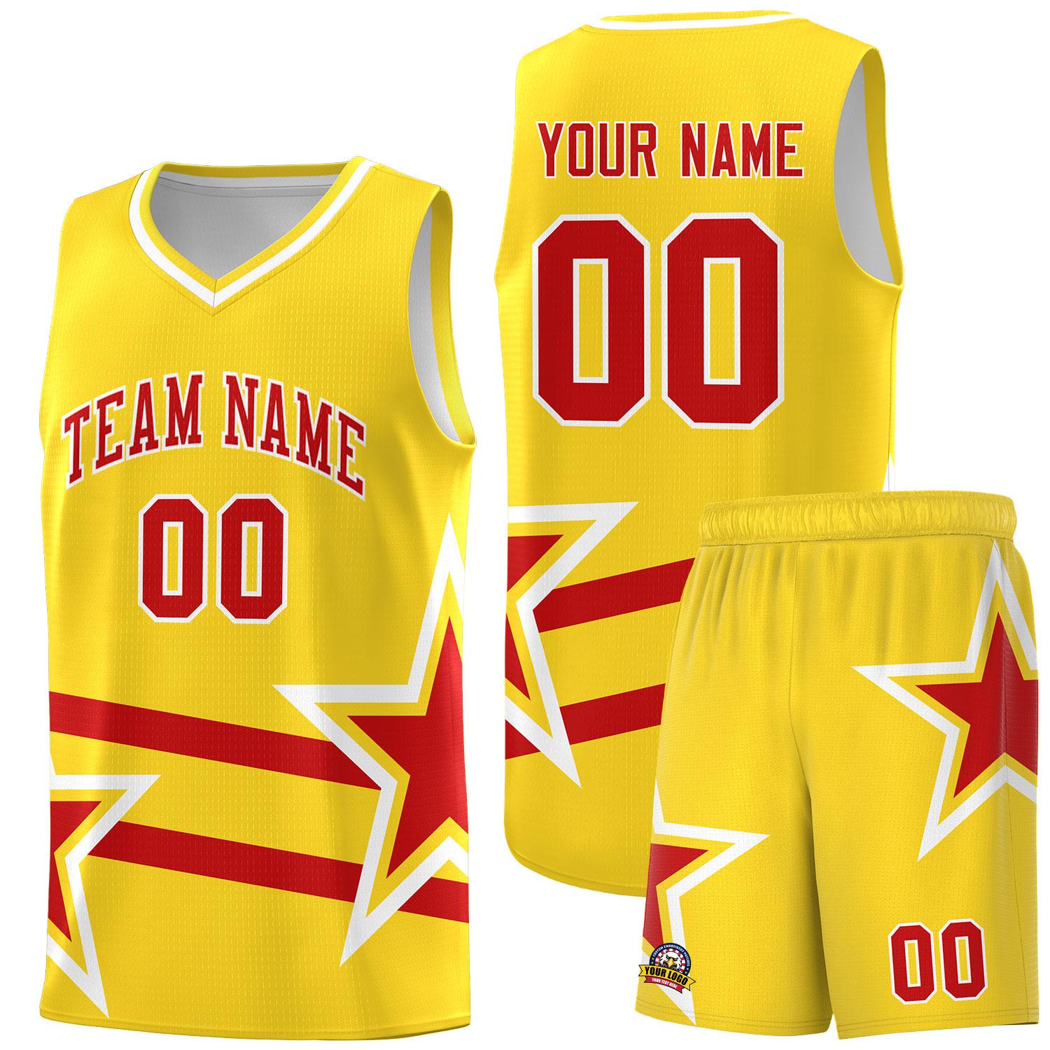 Custom Gold Basketball Kits With Red Star Pattern And Double Lines