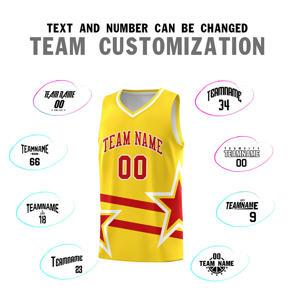 Custom Gold Basketball Kits With Red Star Pattern And Double Lines