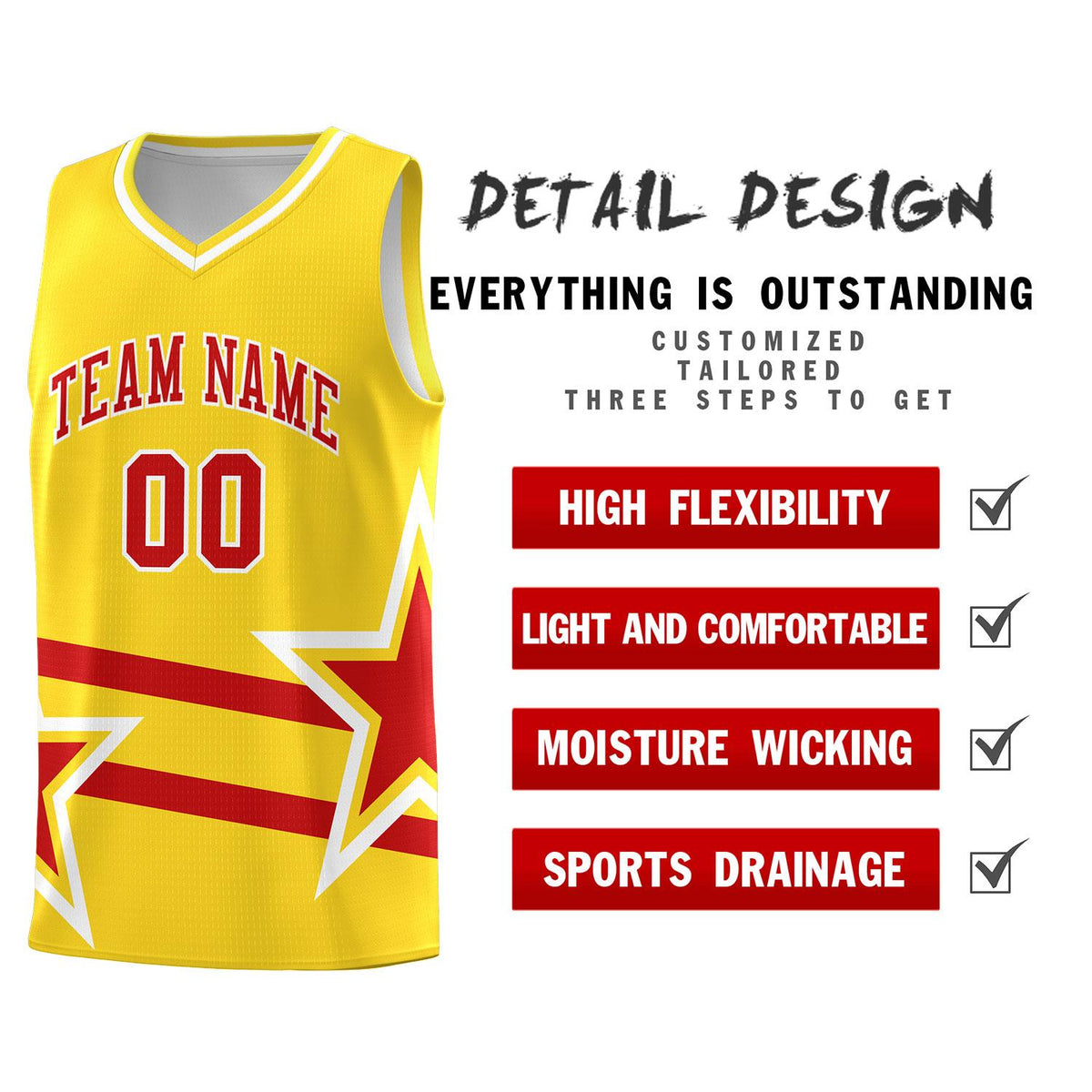 Custom Gold Basketball Kits With Red Star Pattern And Double Lines