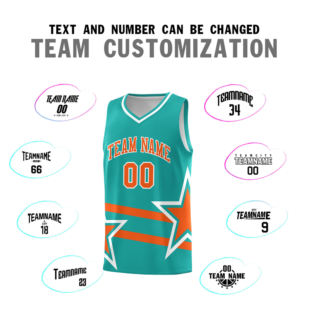 Custom Aqua Basketball Kits With Orange Star Pattern And Double Lines