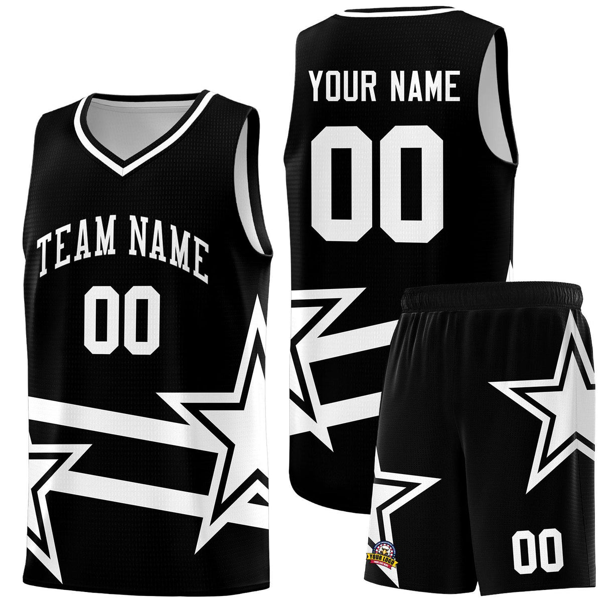 Custom Black Basketball Kits With White Star Pattern And Double Lines