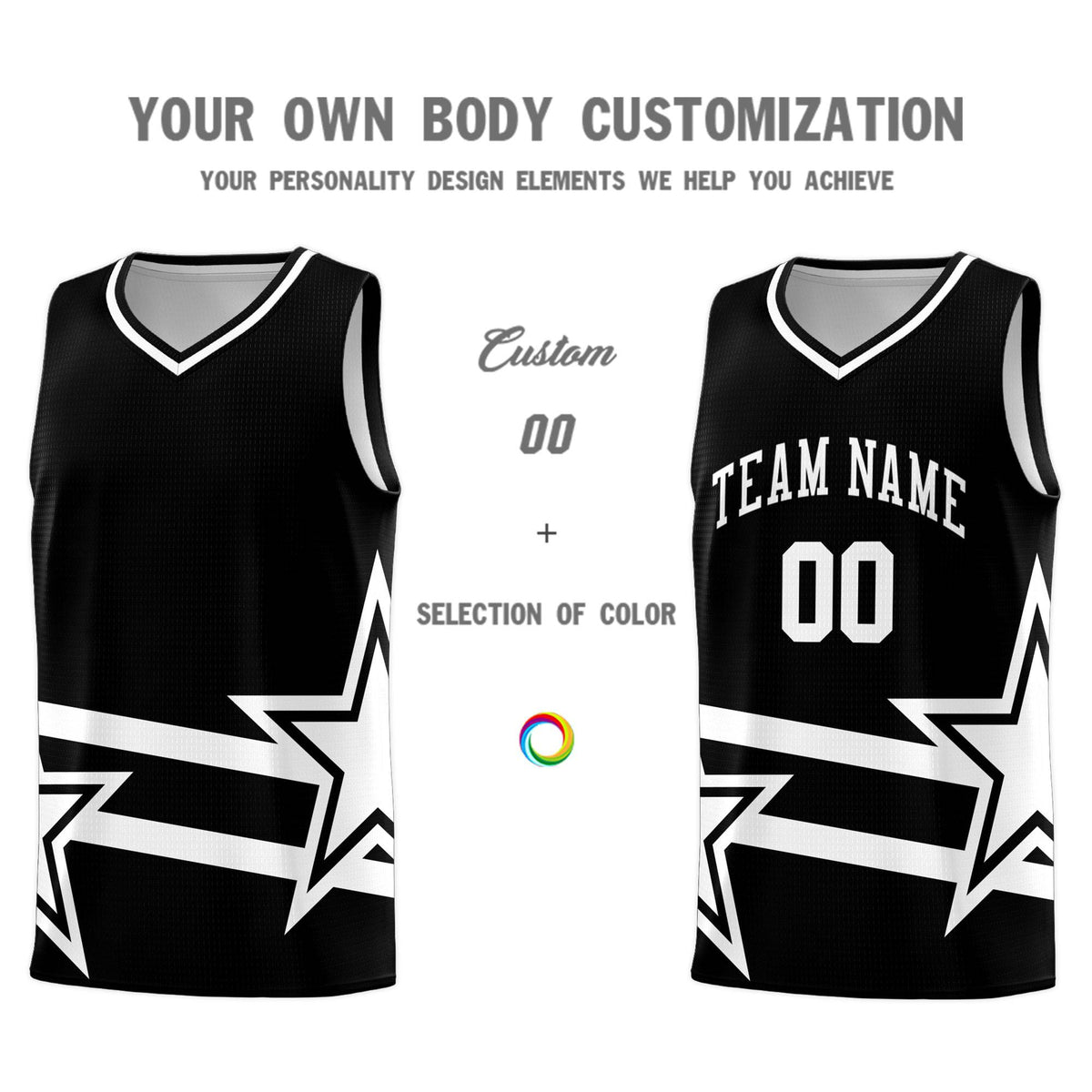 Custom Black Basketball Kits With White Star Pattern And Double Lines