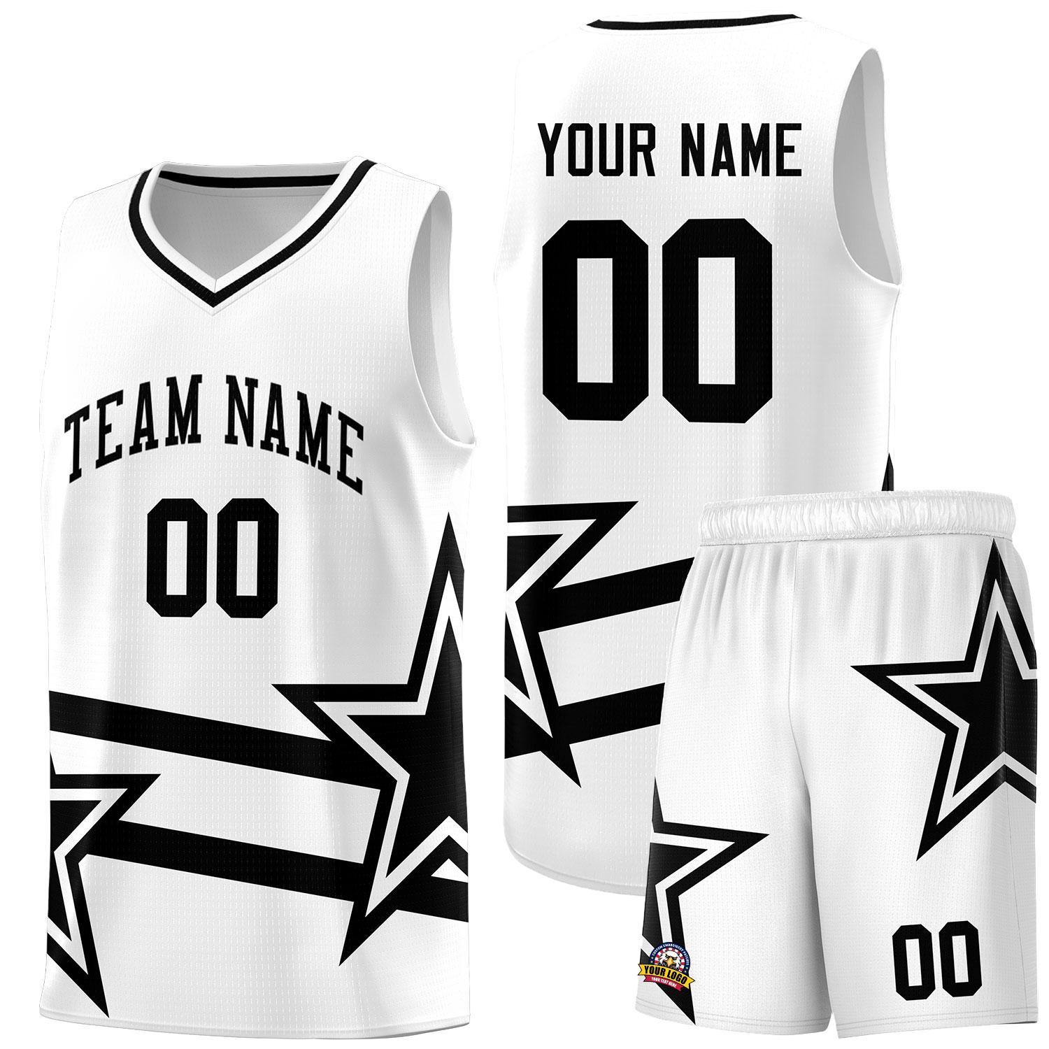 Custom White Basketball Kits With Black Star Pattern And Double Lines