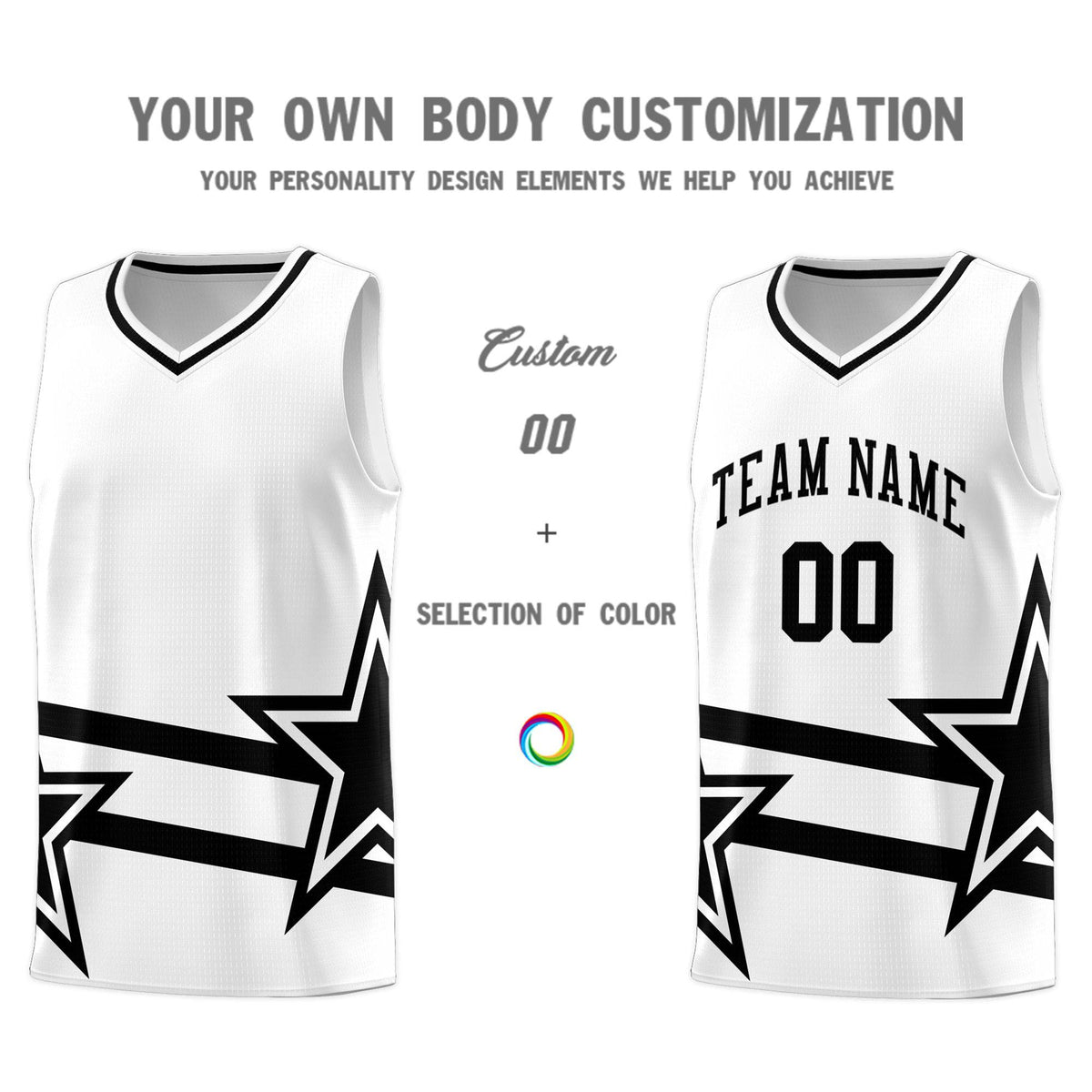 Custom White Basketball Kits With Black Star Pattern And Double Lines