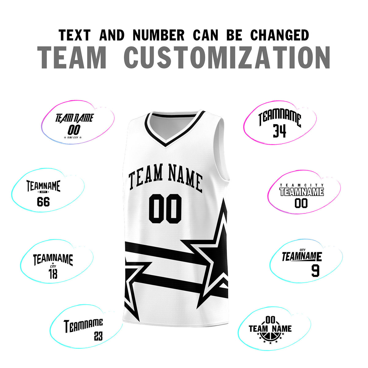 Custom White Basketball Kits With Black Star Pattern And Double Lines