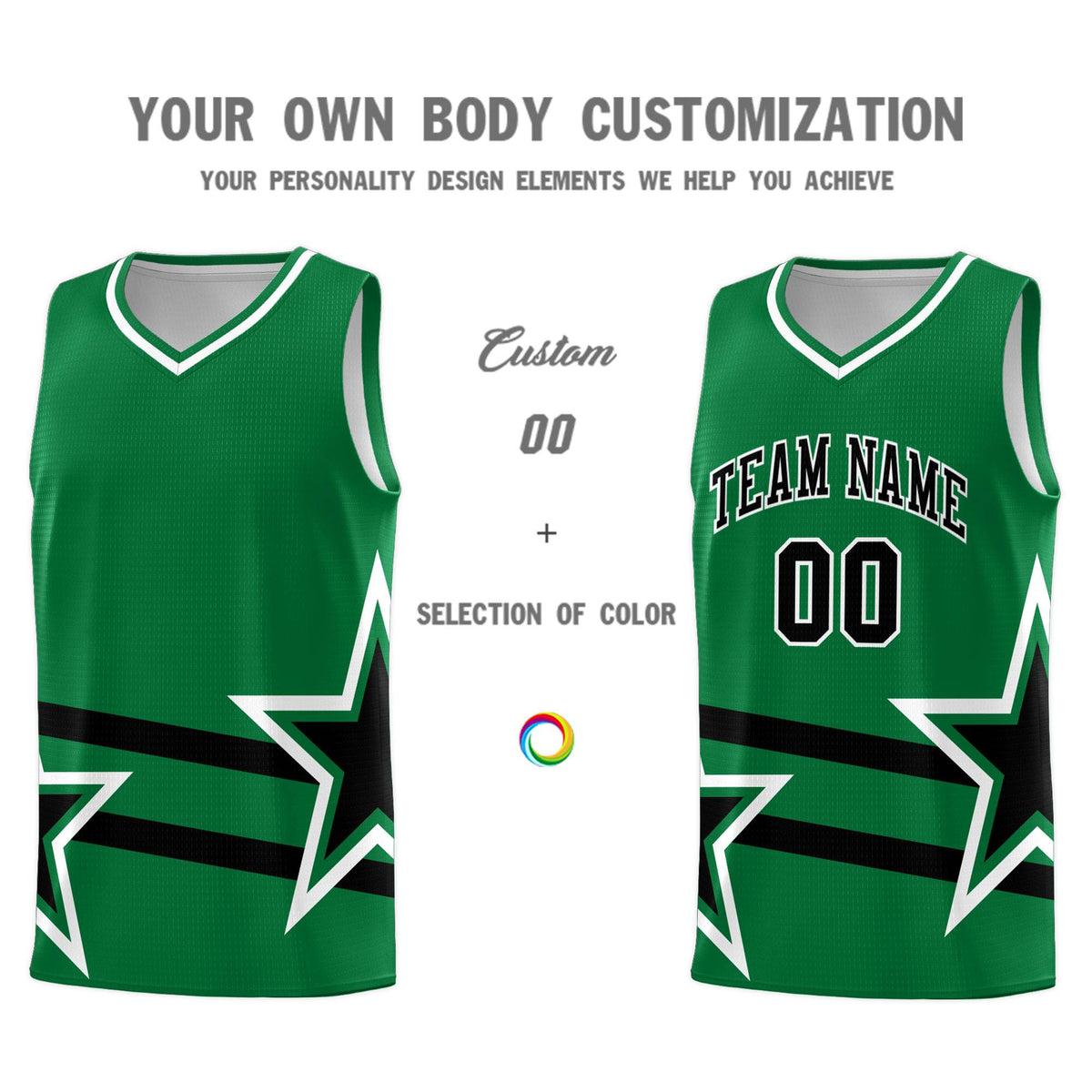 Custom Kelly Green Basketball Kits With Black Star Pattern And Double Lines