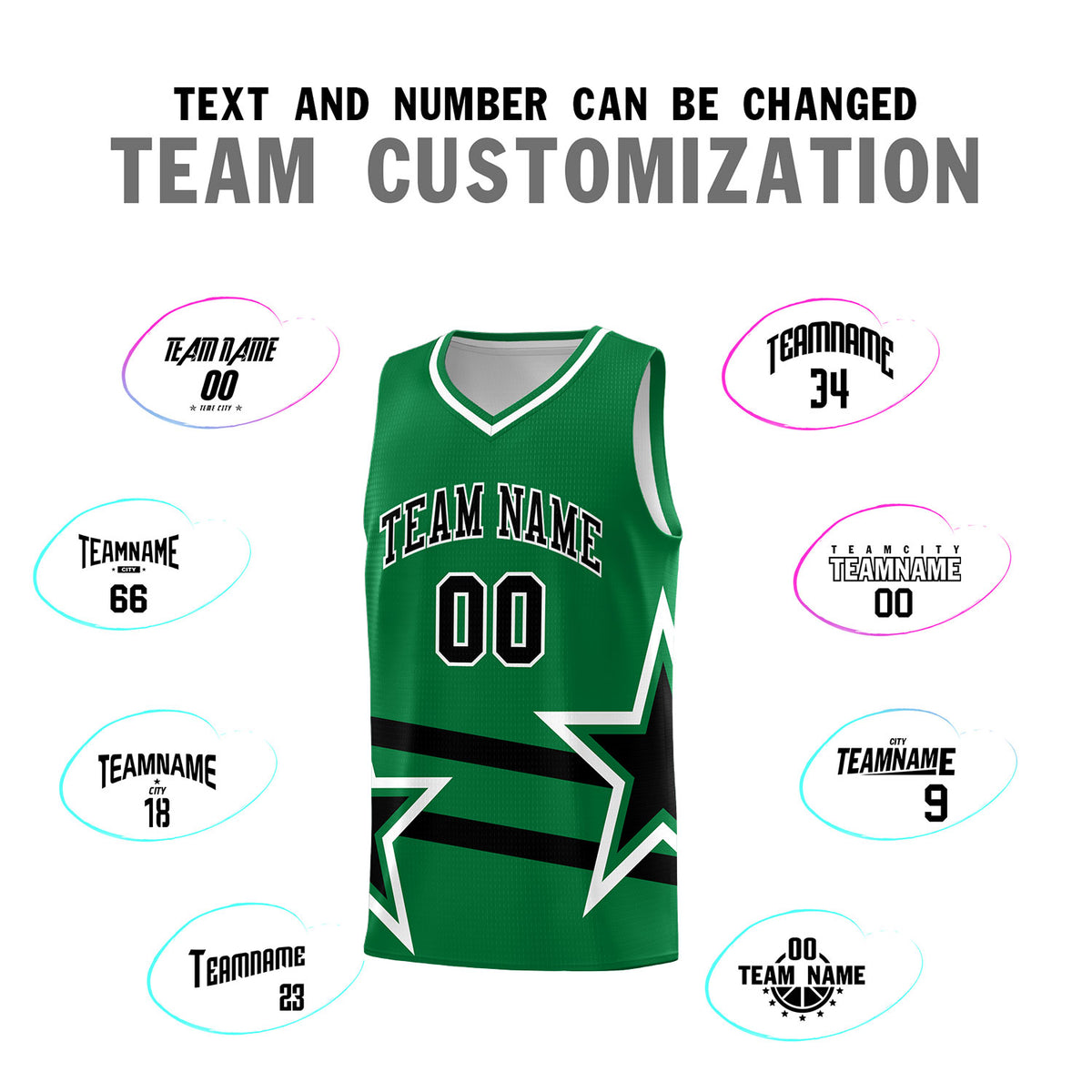 Custom Kelly Green Basketball Kits With Black Star Pattern And Double Lines
