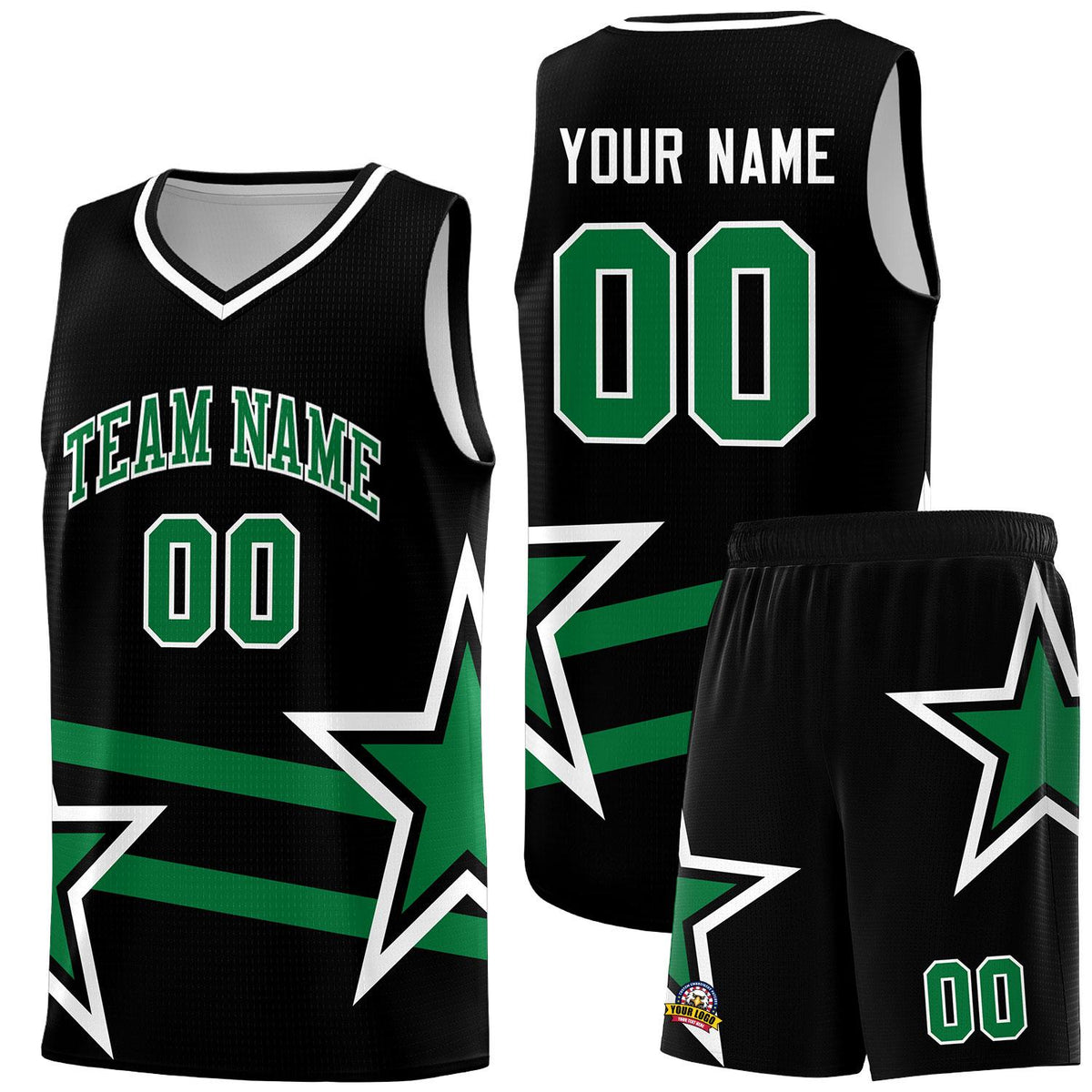 Custom Black Basketball Kits With Kelly Green Star Pattern And Double Lines