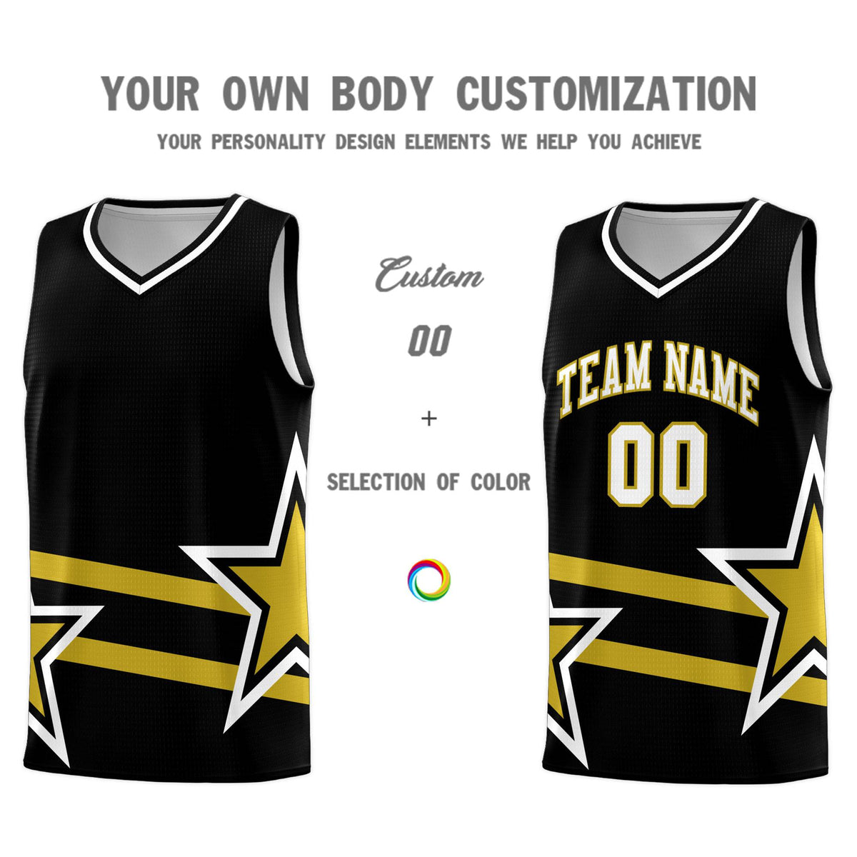 Custom Black Basketball Kits With Old Gold Star Pattern And Double Lines