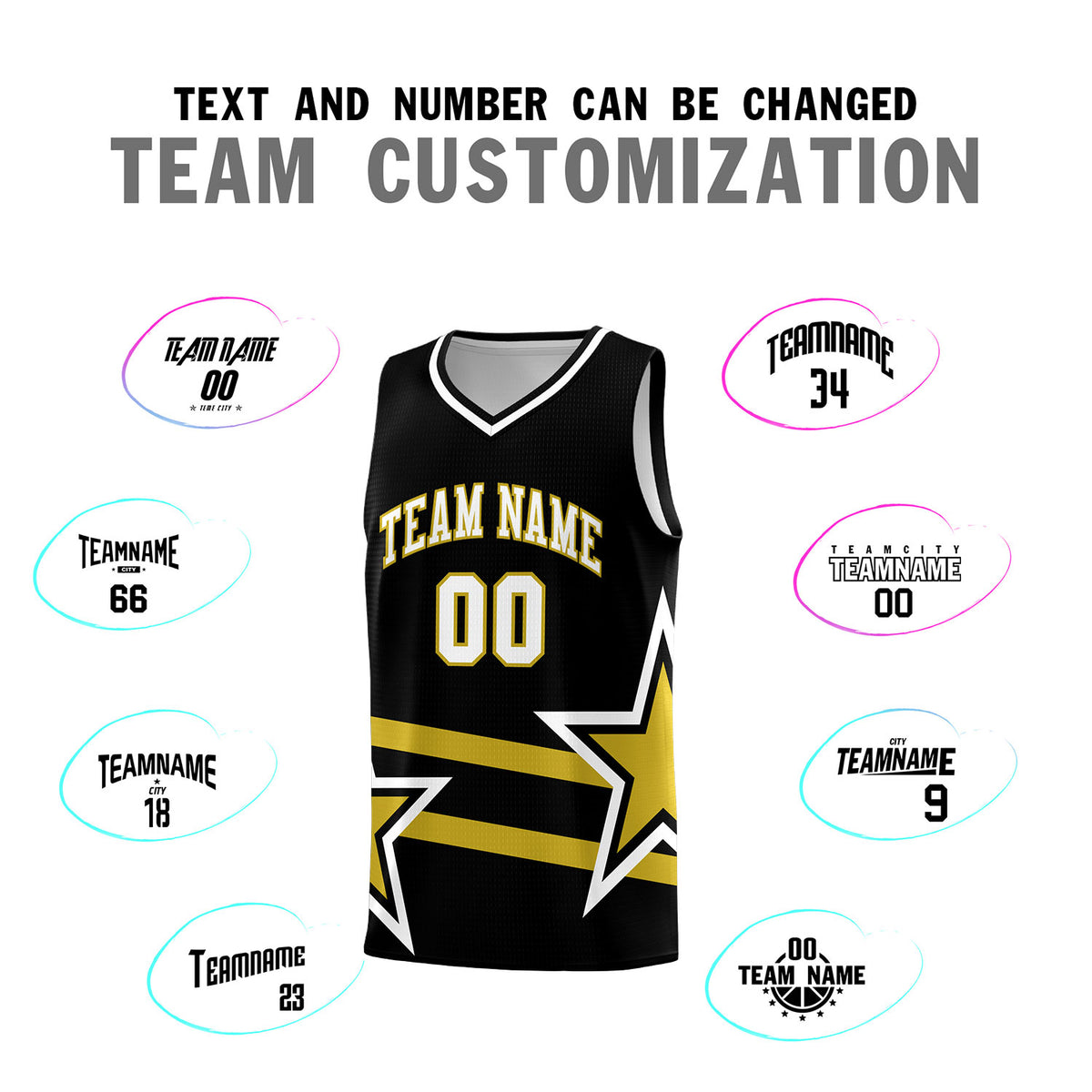 Custom Black Basketball Kits With Old Gold Star Pattern And Double Lines