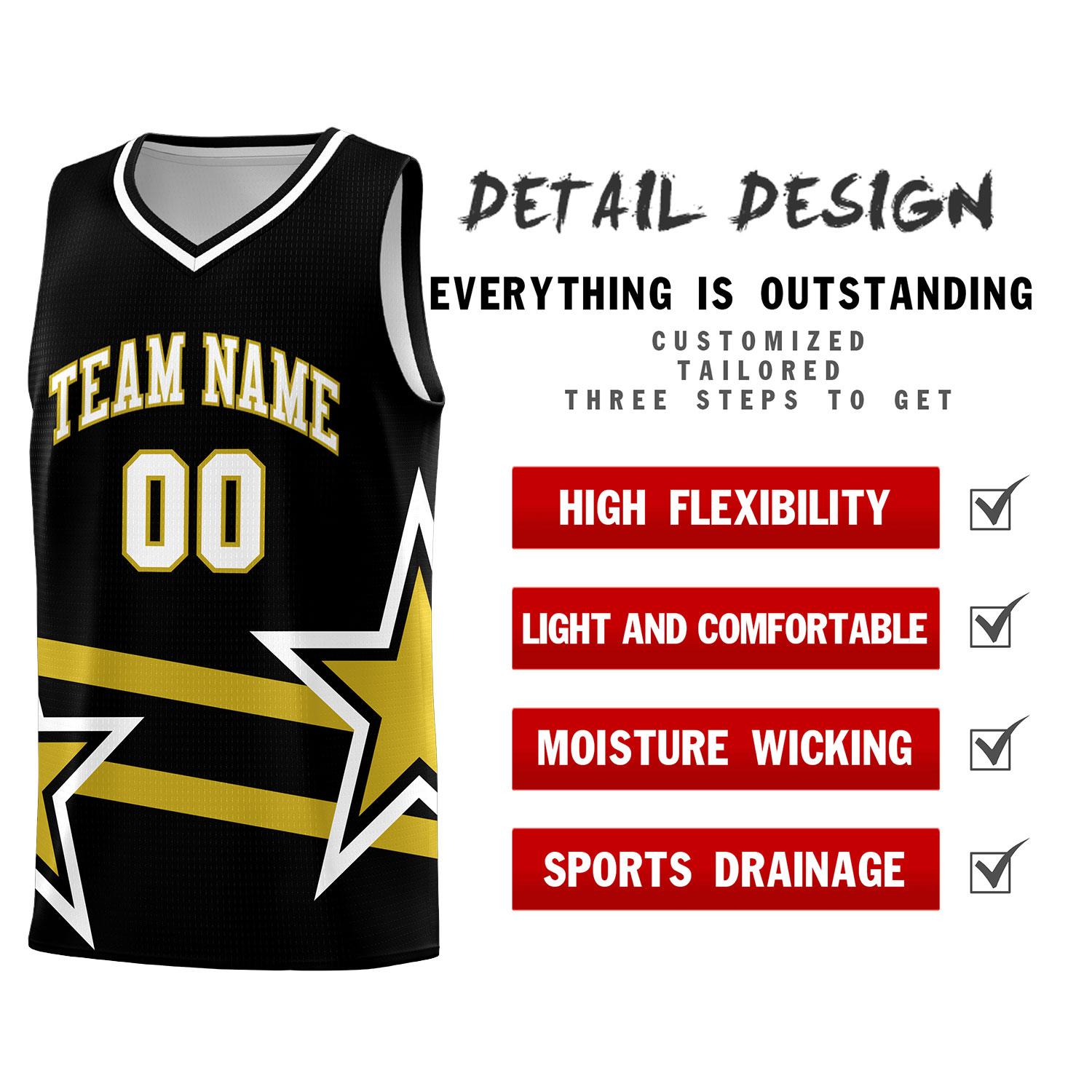Custom Black Basketball Kits With Old Gold Star Pattern And Double Lines