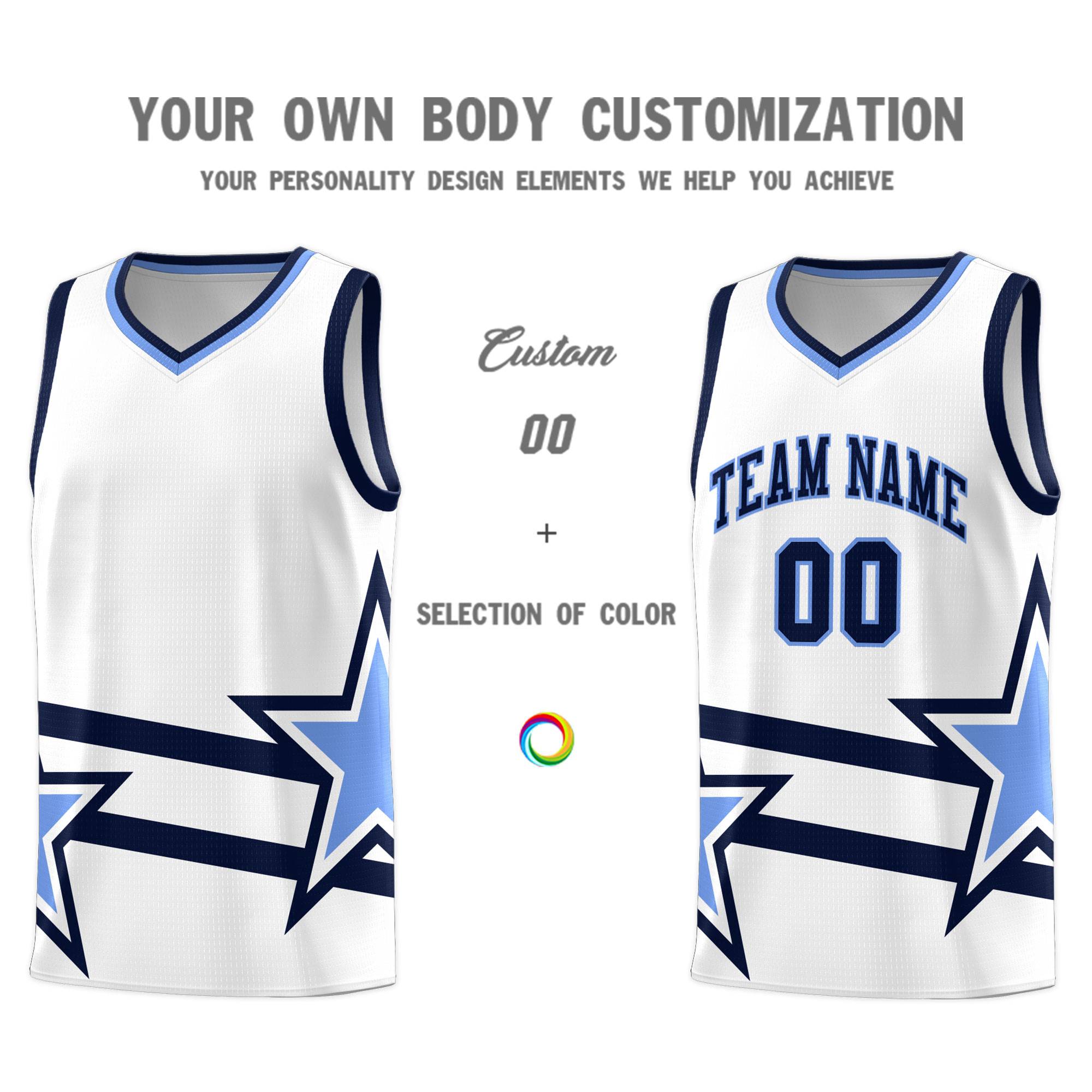 Custom White Basketball Kits With Light Blue Star Pattern And Double Lines