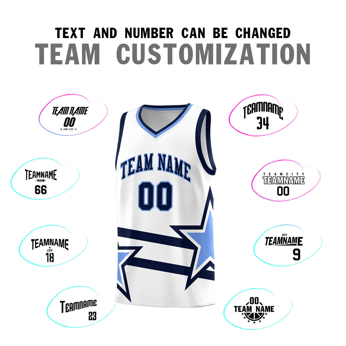 Custom White Basketball Kits With Light Blue Star Pattern And Double Lines