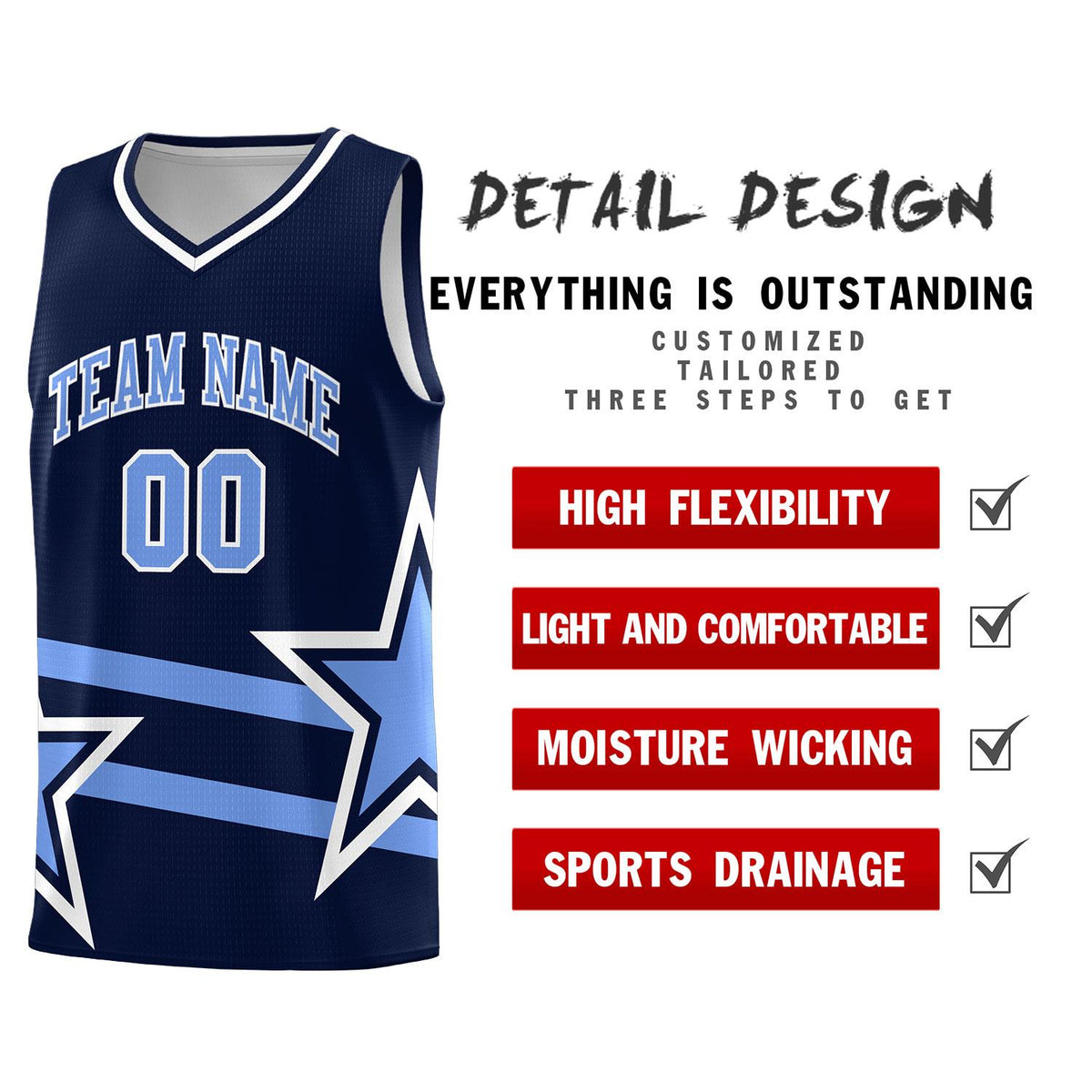 Custom Navy Basketball Kits With Light Blue Star Pattern And Double Lines
