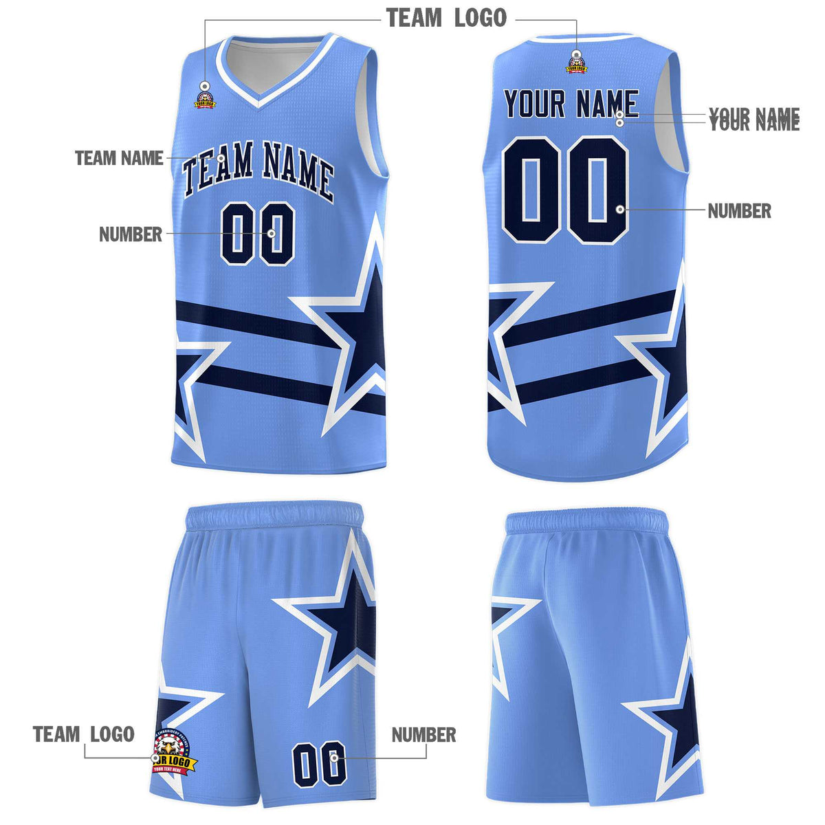 Custom Light Blue Basketball Kits With Navy Star Pattern And Double Lines